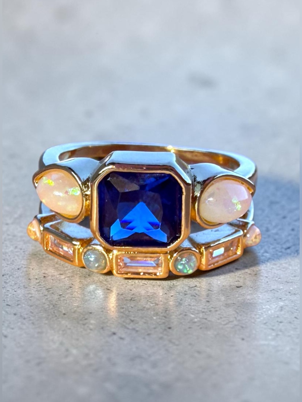 Gold Double Band Ring with Deep Blue Centerstone and Opal Accents - Size 7